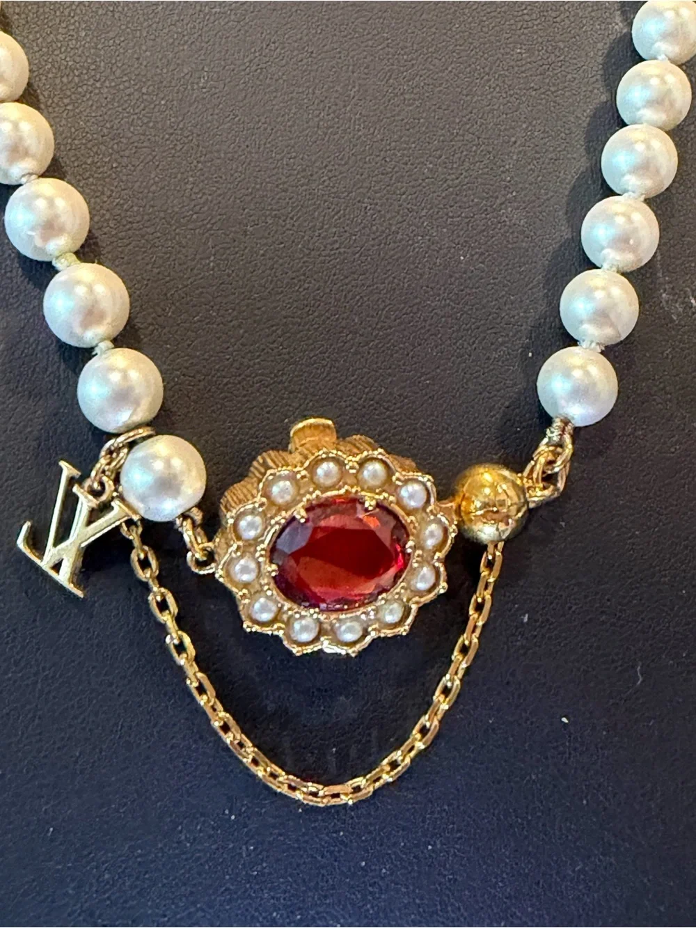 Louis Vuitton Dynasty Faux Pearl Necklace with Gold and Red Centerpiece